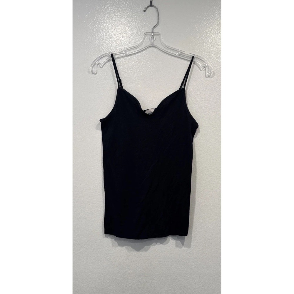 HANRO #1601 Seamless Camisole Tank Top Cotton Lounge Black Satin Trim Comfy